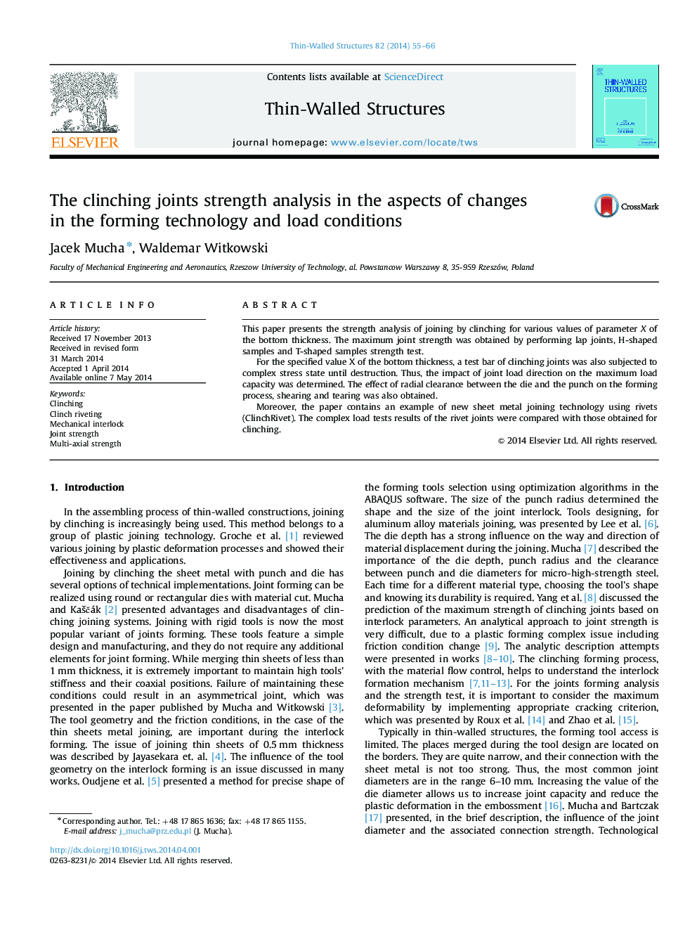 The clinching joints strength analysis in the aspects of changes in the forming technology and load conditions