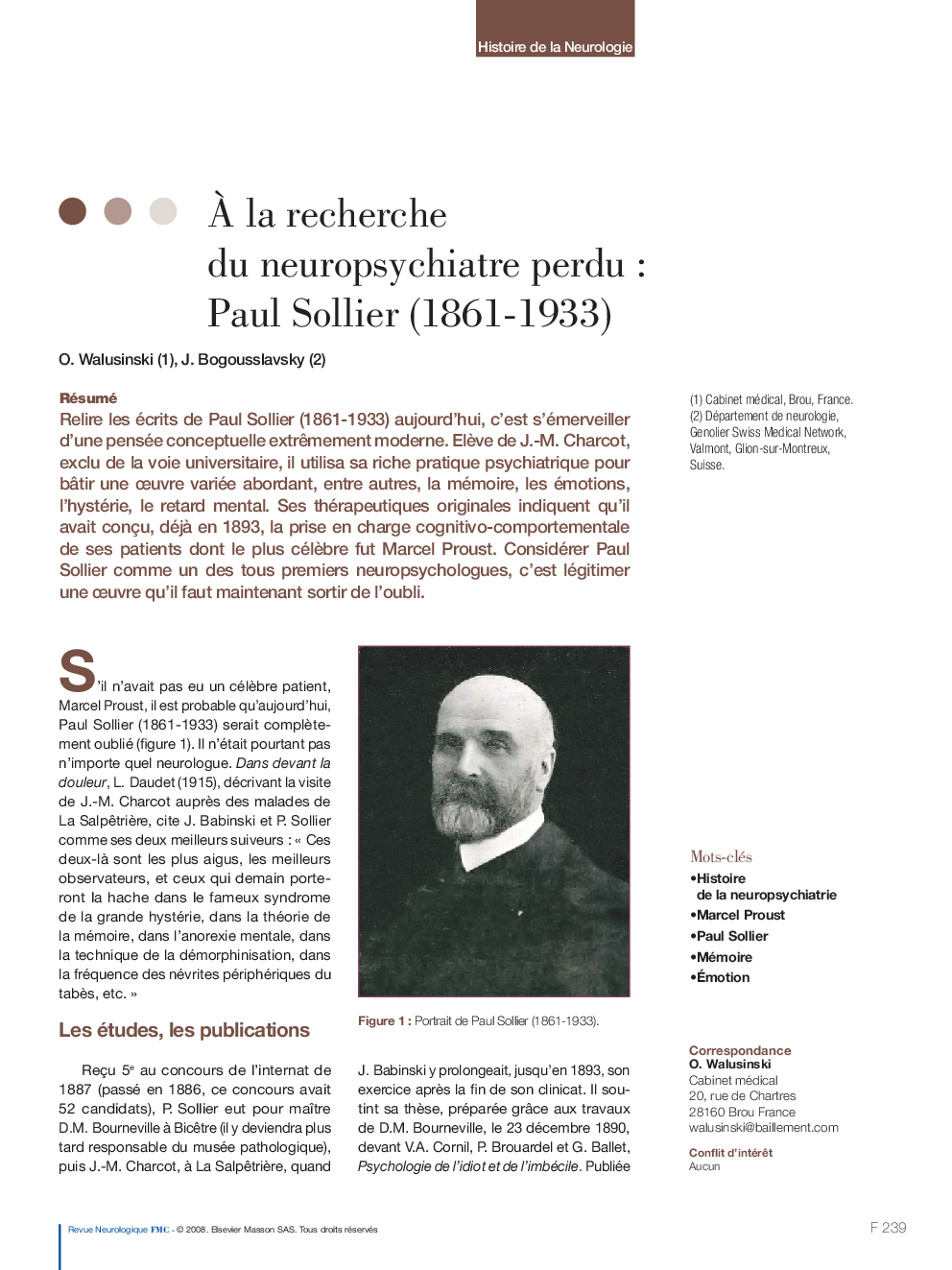 Ã la recherche du neuropsychiatre perdu : Paul Sollier (1861-1933)