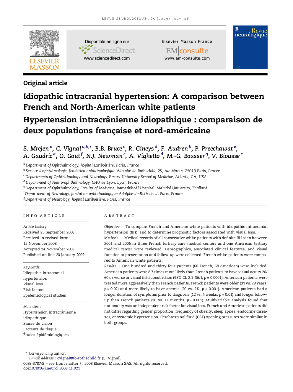 Idiopathic intracranial hypertension: A comparison between French and North-American white patients