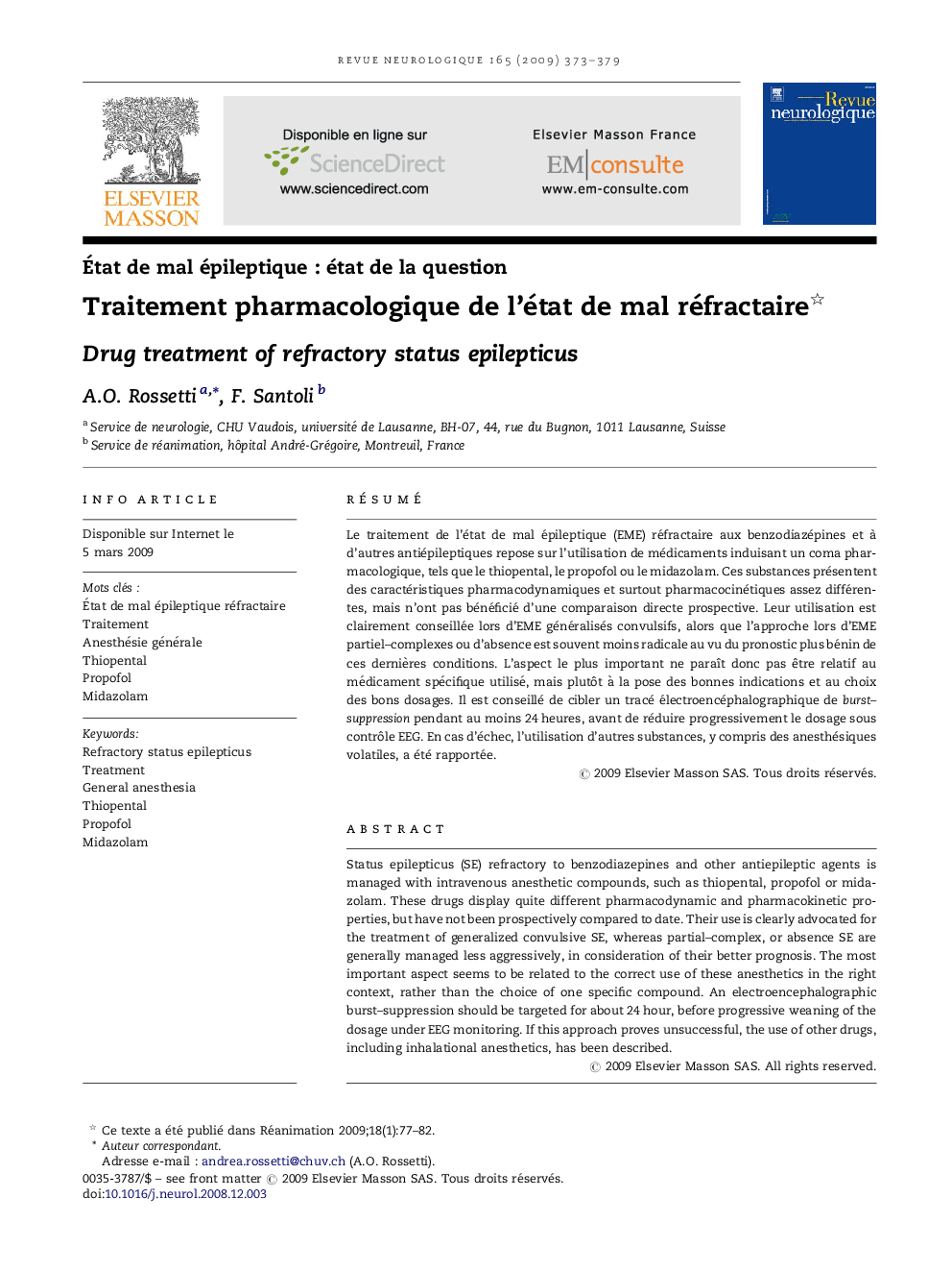 عکس صفحه اول مقاله: Traitement pharmacologique de l'état de mal réfractaire Traitement pharmacologique de l'état de mal réfractaire