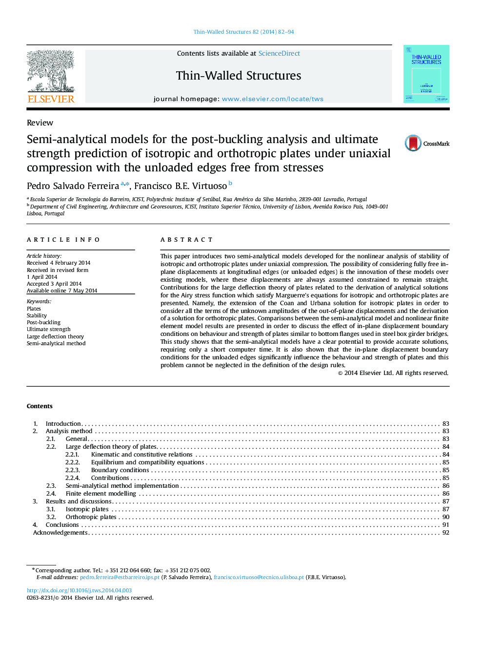 Semi-analytical models for the post-buckling analysis and ultimate strength prediction of isotropic and orthotropic plates under uniaxial compression with the unloaded edges free from stresses