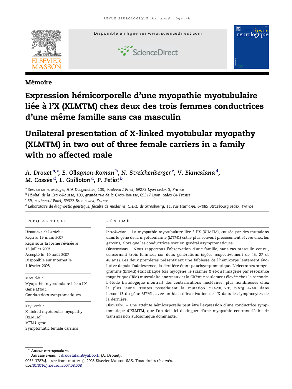 Expression hémicorporelle d'une myopathie myotubulaire liée Ã  l'X (XLMTM) chez deux des trois femmes conductrices d'une mÃªme famille sans cas masculin