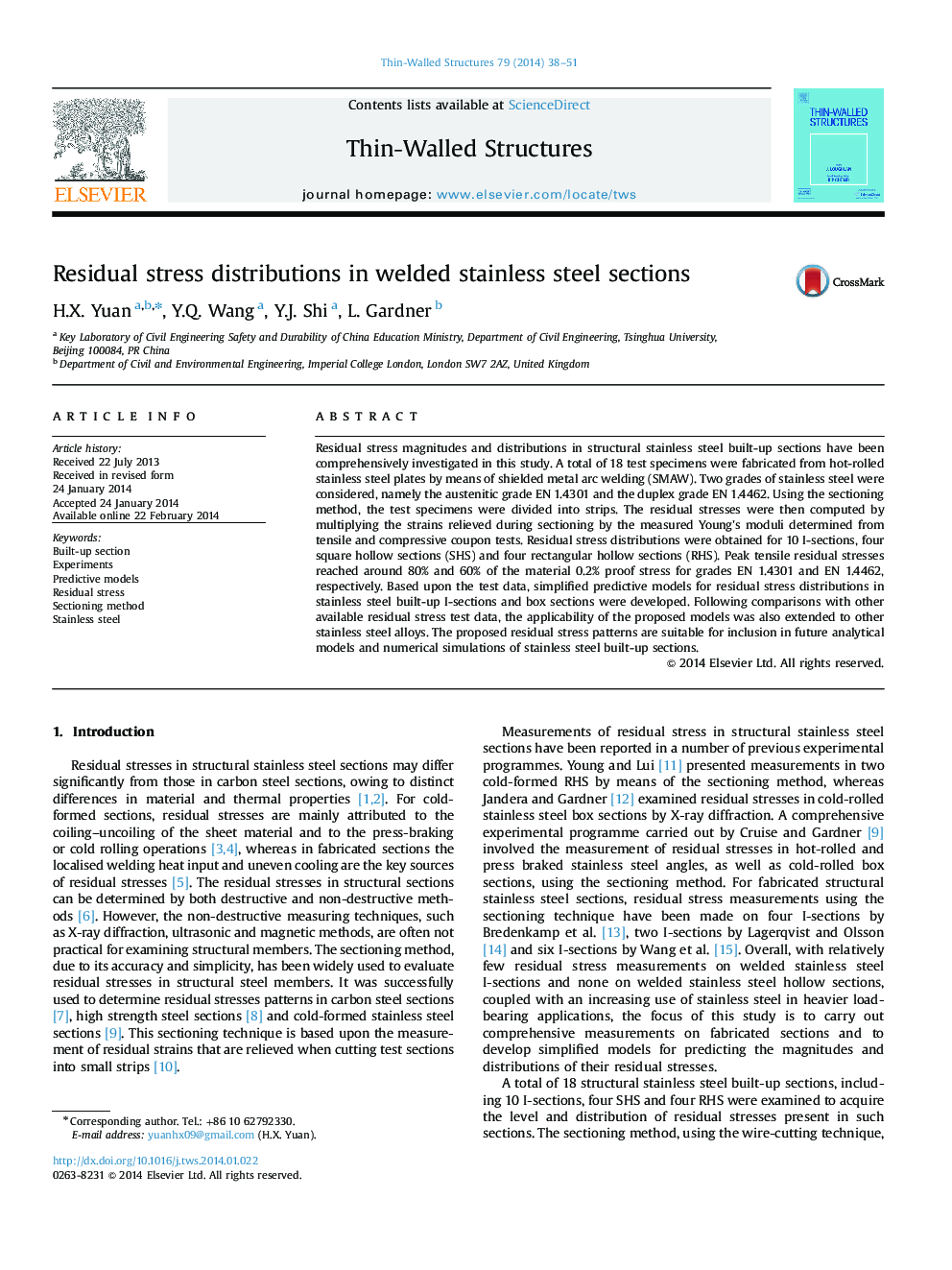 Residual stress distributions in welded stainless steel sections