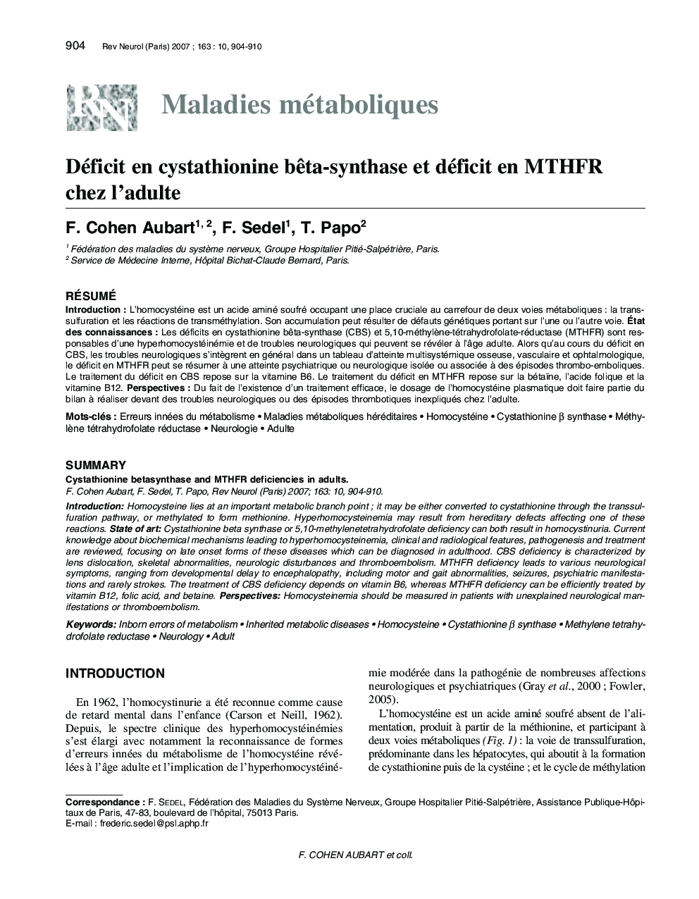 Déficit en cystathionine bÃªta-synthase et déficit en MTHFR chez l'adulte