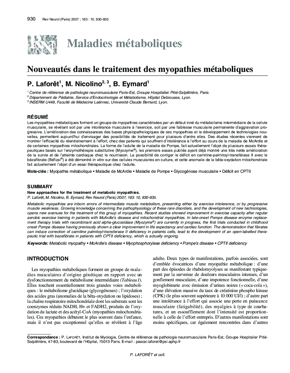 Nouveautés dans le traitement des myopathies métaboliques