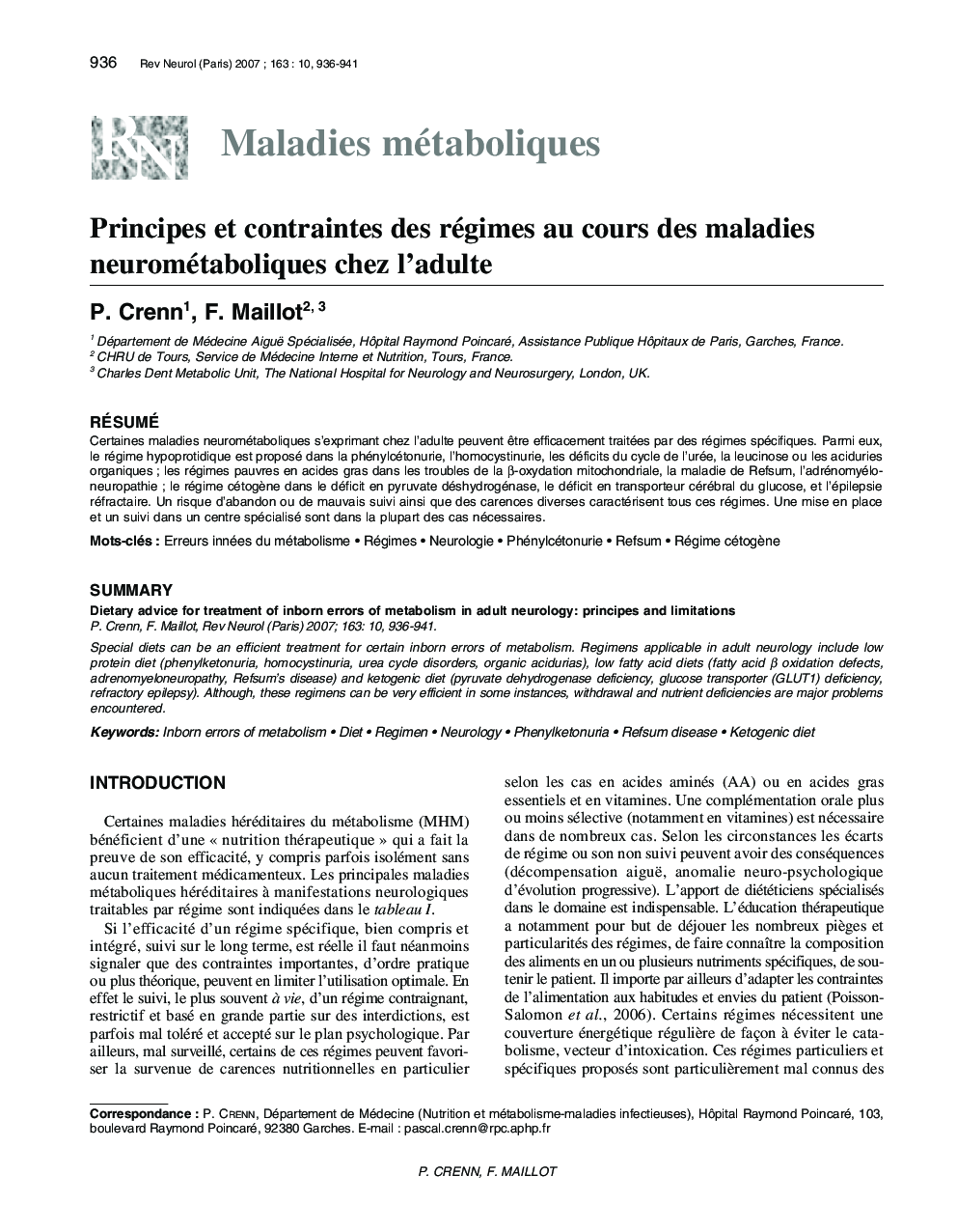 Principes et contraintes des régimes au cours des maladies neurométaboliques chez l'adulte