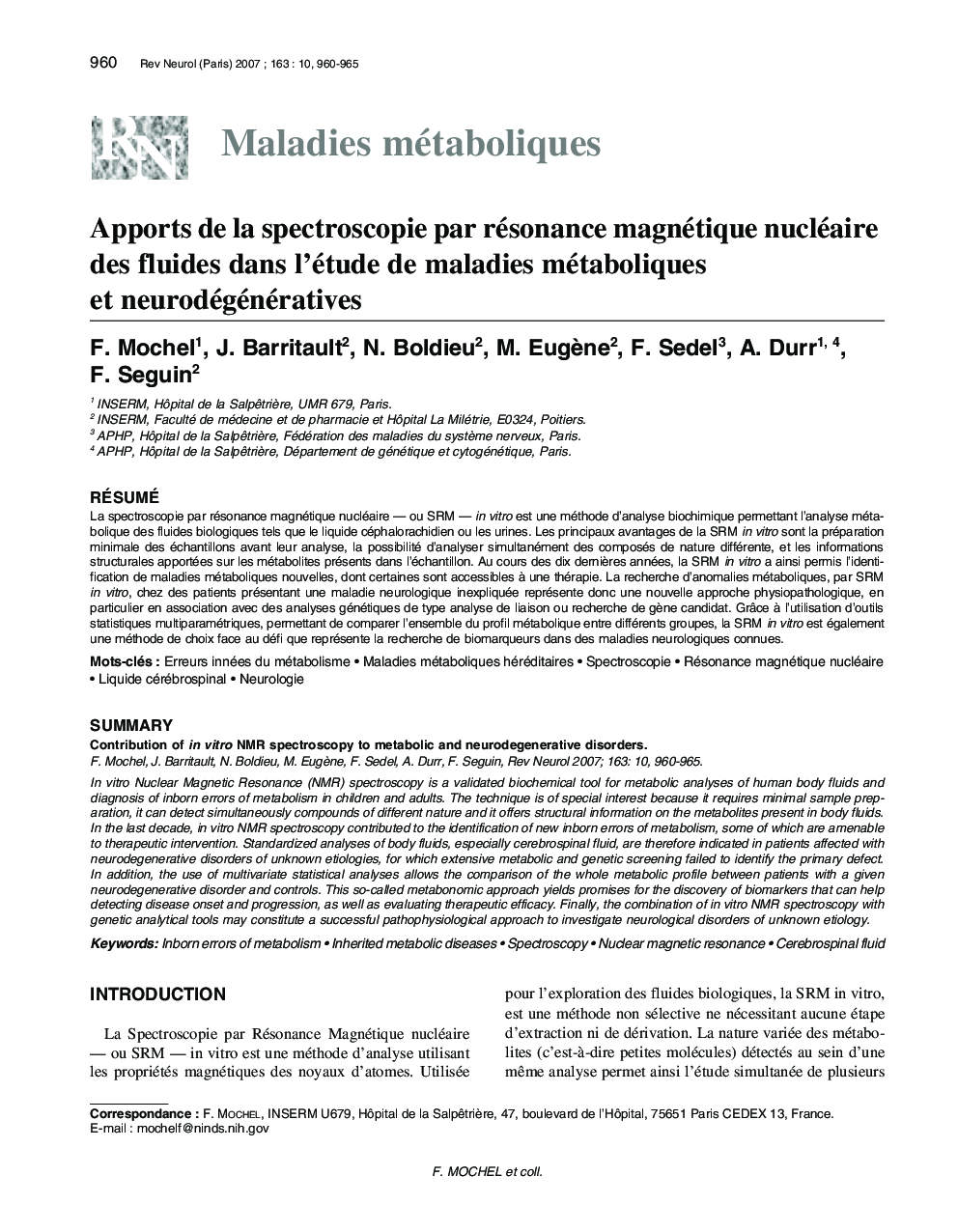 Apports de la spectroscopie par résonance magnétique nucléaire des fluides dans l'étude de maladies métaboliques et neurodégénératives