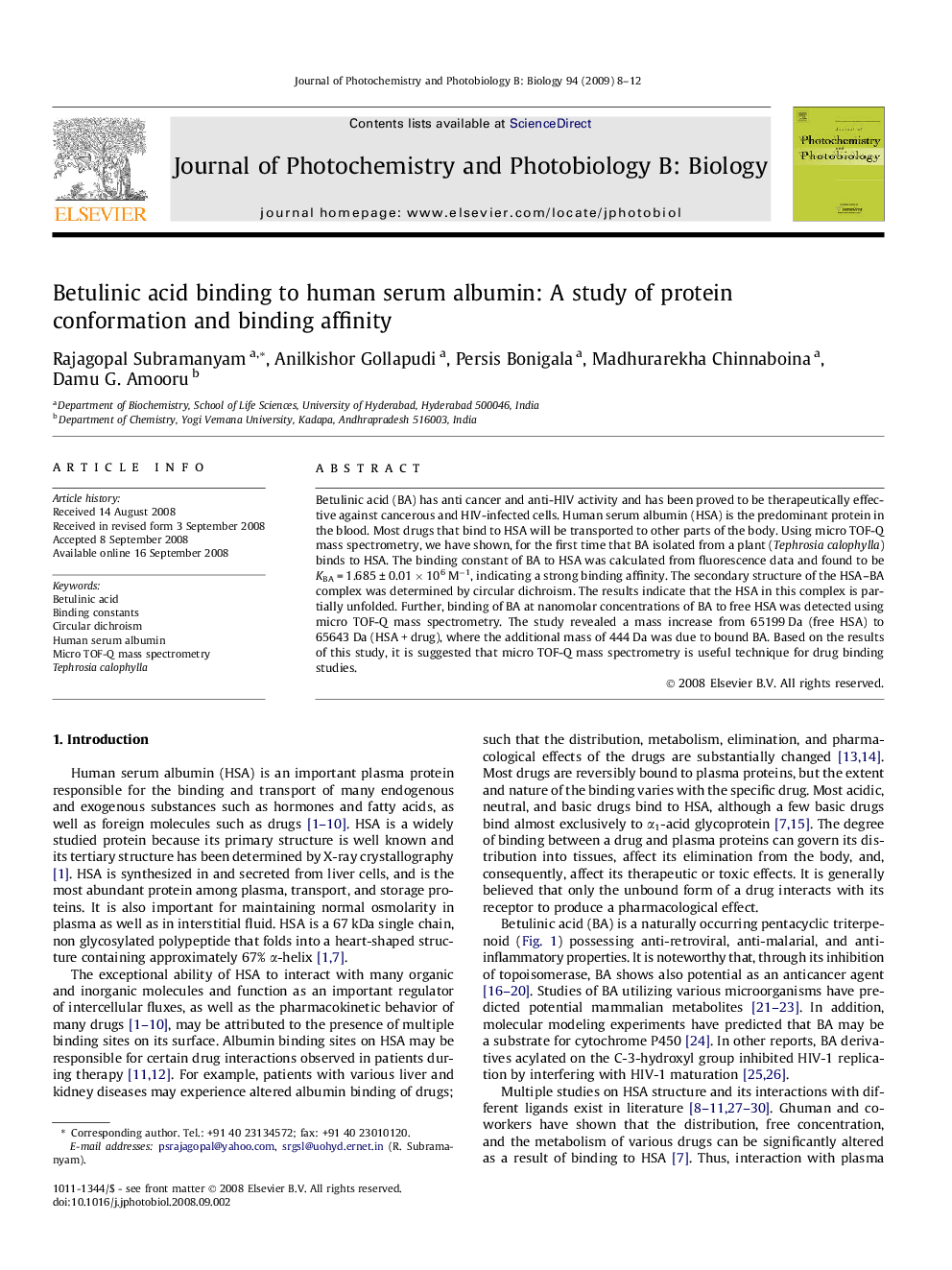 Betulinic acid binding to human serum albumin: A study of protein conformation and binding affinity