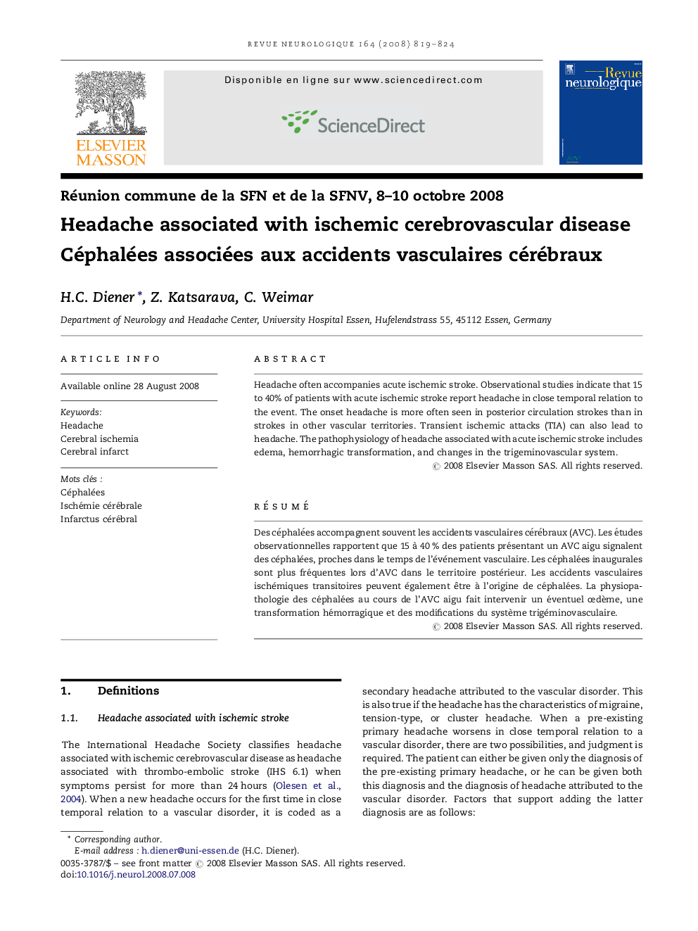 Headache associated with ischemic cerebrovascular disease