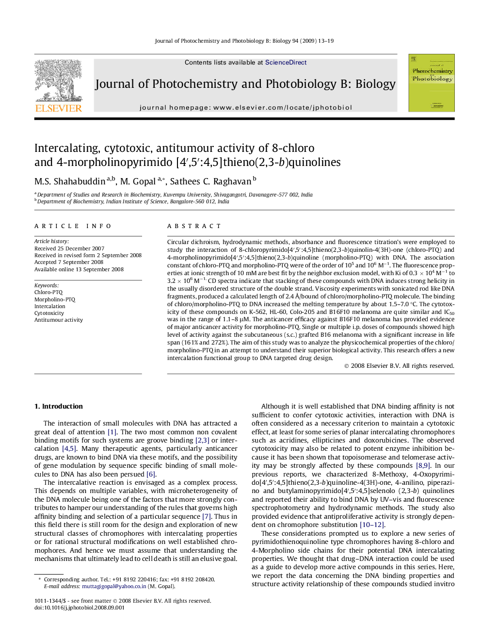 Intercalating, cytotoxic, antitumour activity of 8-chloro and 4-morpholinopyrimido [4′,5′:4,5]thieno(2,3-b)quinolines