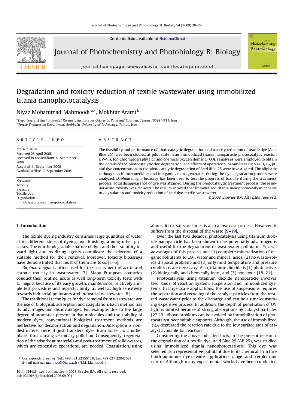 Degradation and toxicity reduction of textile wastewater using immobilized titania nanophotocatalysis