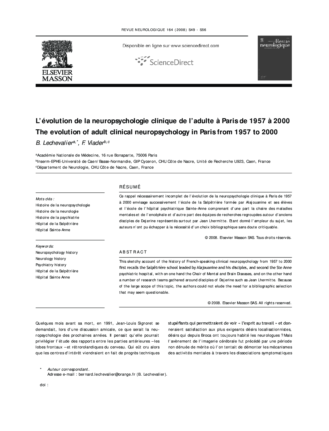 L'évolution de la neuropsychologie clinique de l'adulte Ã  Paris de 1957 Ã  2000