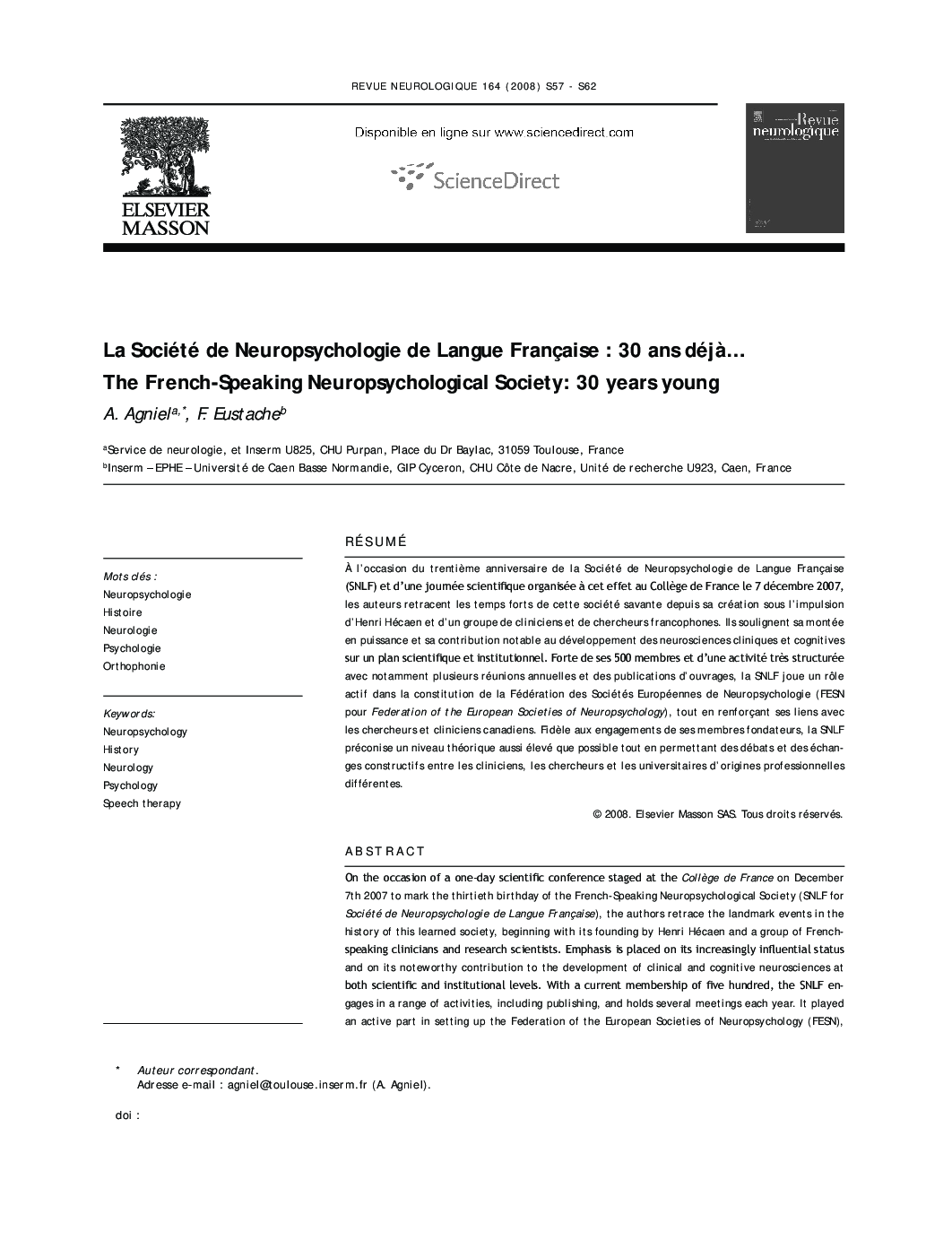 La Société de Neuropsychologie de Langue Française : 30 ans déjÃ â¦