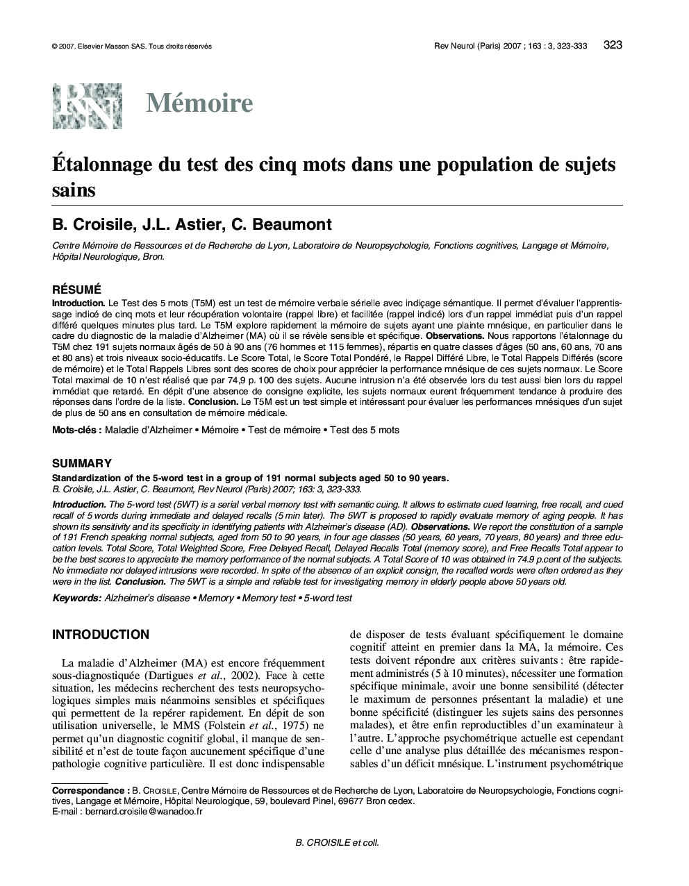 Ãtalonnage du test des cinq mots dans une population de sujets sains