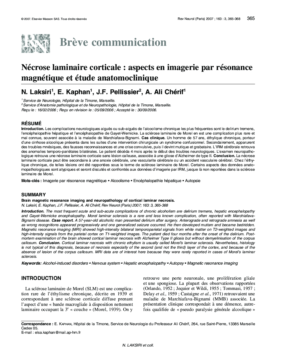 Nécrose laminaire corticale : aspects en imagerie par résonance magnétique et étude anatomoclinique