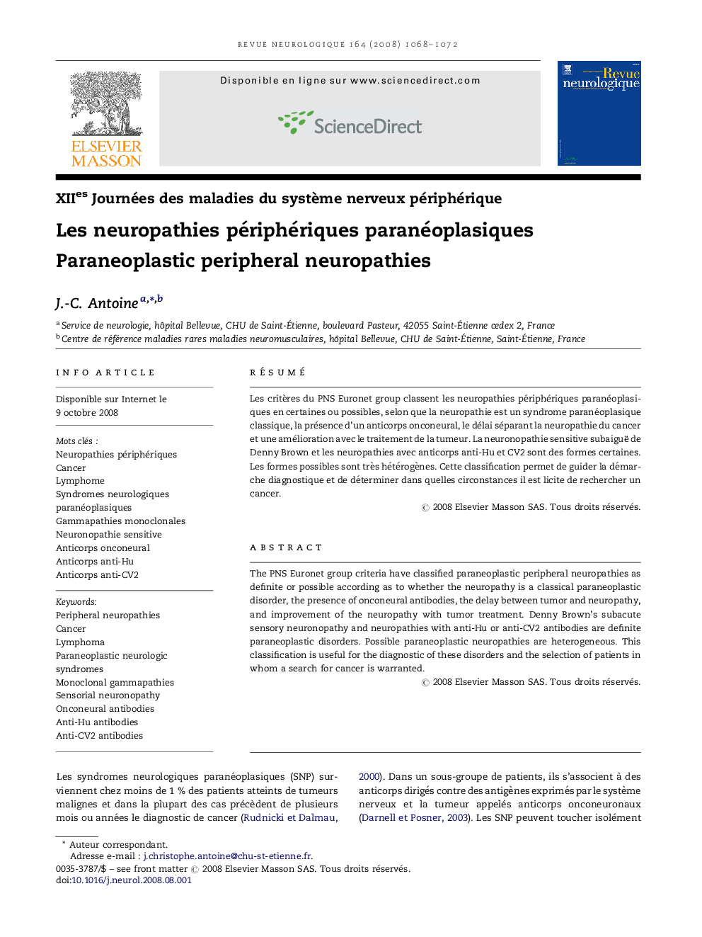 Les neuropathies périphériques paranéoplasiques