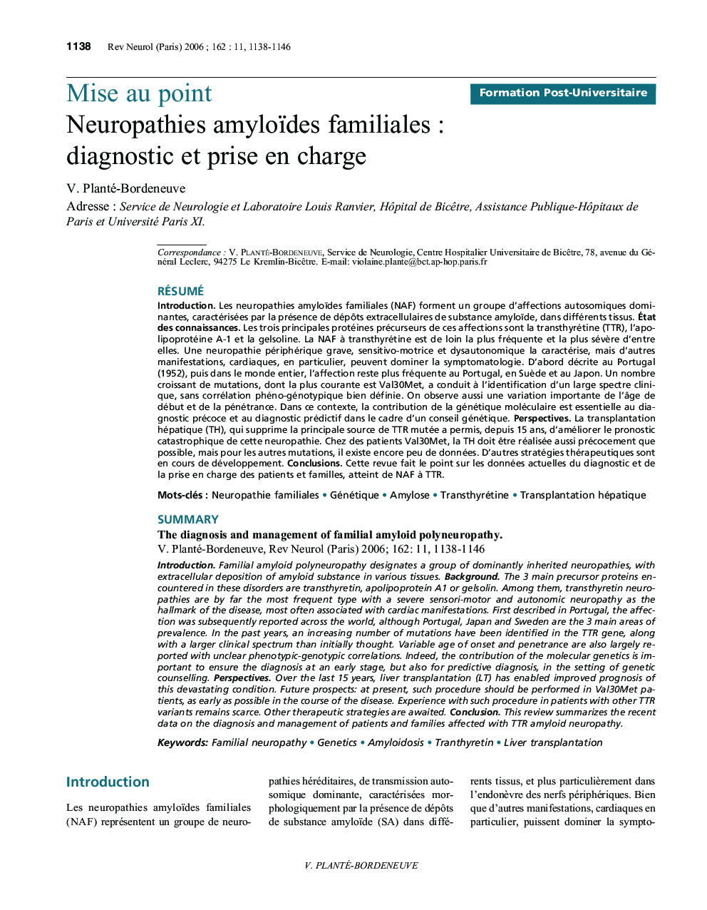 Neuropathies amyloïdes familiales : diagnostic et prise en charge