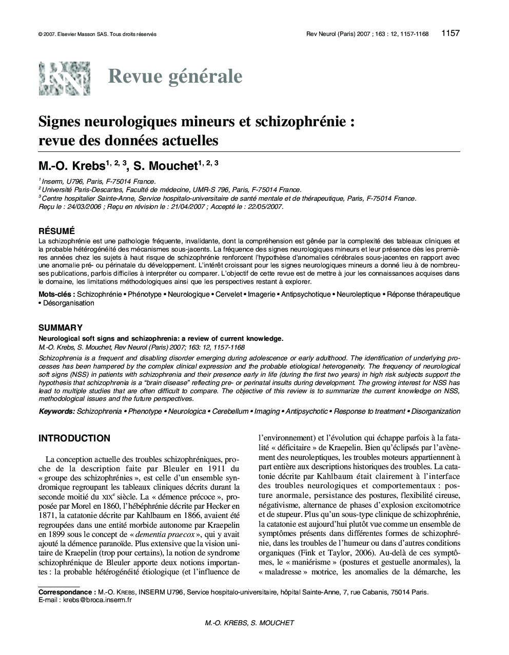 Signes neurologiques mineurs et schizophrénie : revue des données actuelles