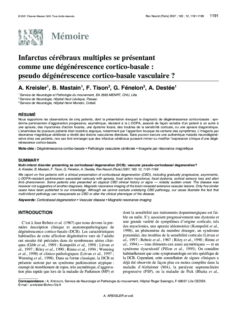 Infarctus cérébraux multiples se présentant comme une dégénérescence cortico-basale : pseudo dégénérescence cortico-basale vasculaire ?