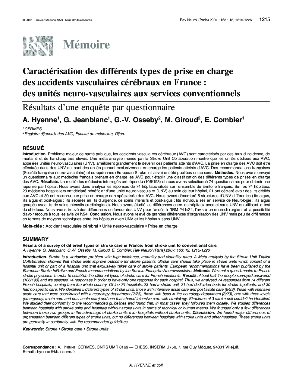 Caractérisation des différents types de prise en charge des accidents vasculaires cérébraux en France : des unités neuro-vasculaires aux services conventionnels