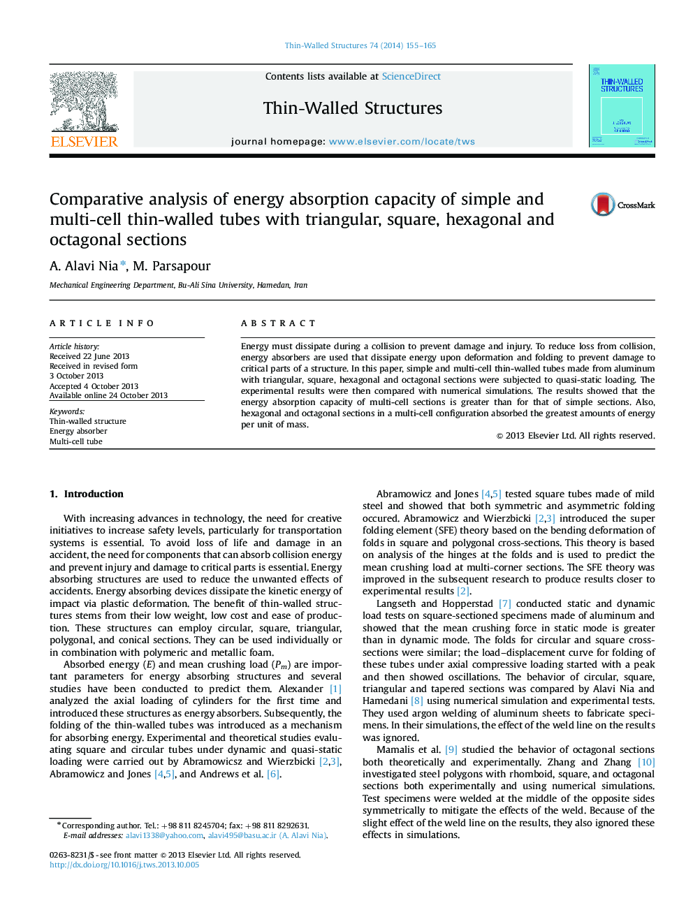 Comparative analysis of energy absorption capacity of simple and multi-cell thin-walled tubes with triangular, square, hexagonal and octagonal sections
