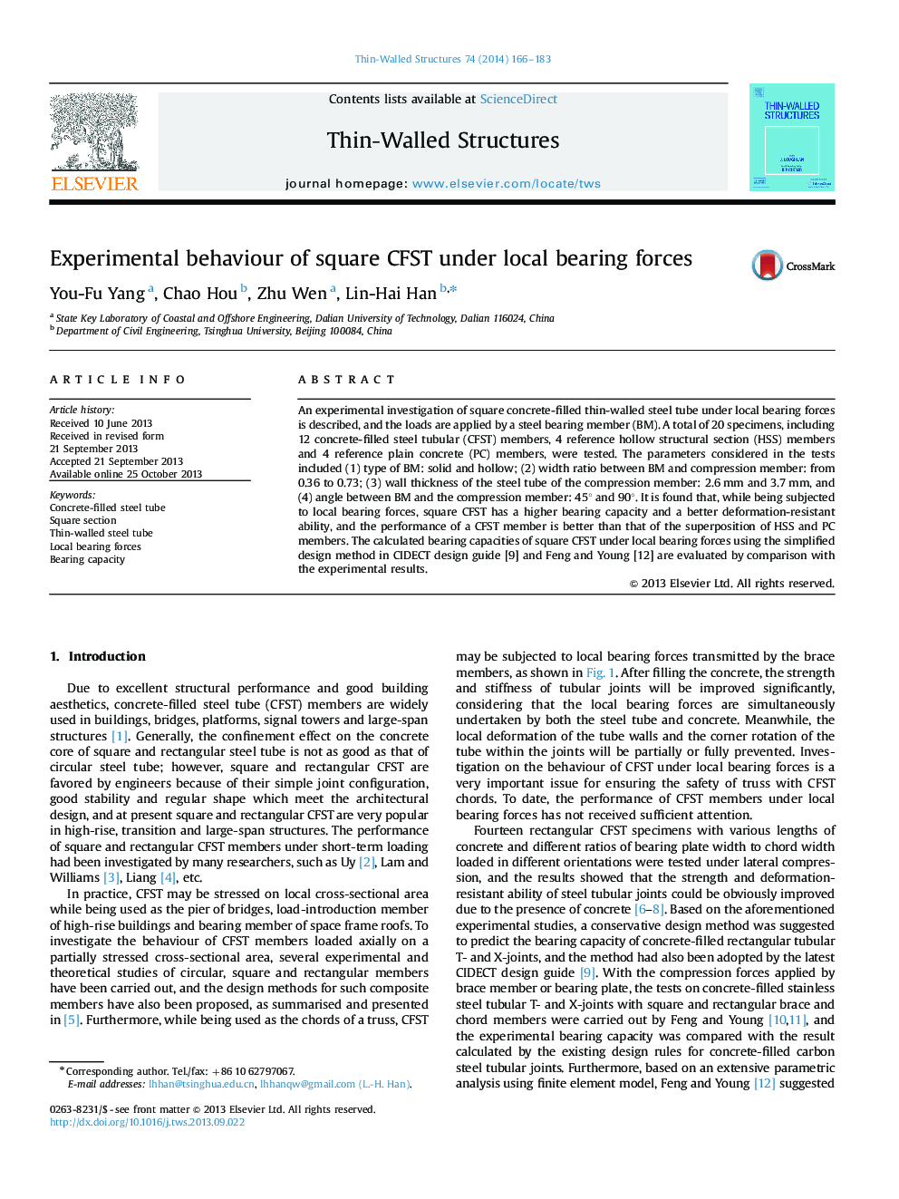 Experimental behaviour of square CFST under local bearing forces