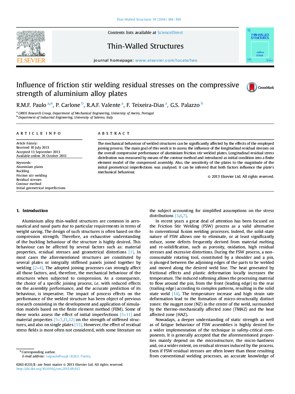 Influence of friction stir welding residual stresses on the compressive strength of aluminium alloy plates