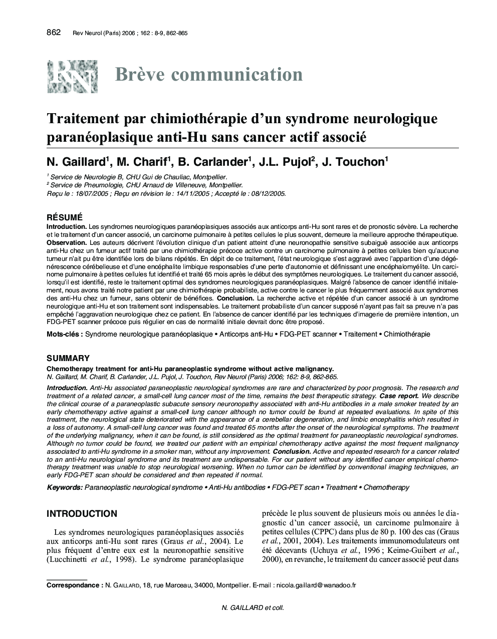 Traitement par chimiothérapie d'un syndrome neurologique paranéoplasique anti-Hu sans cancer actif associé
