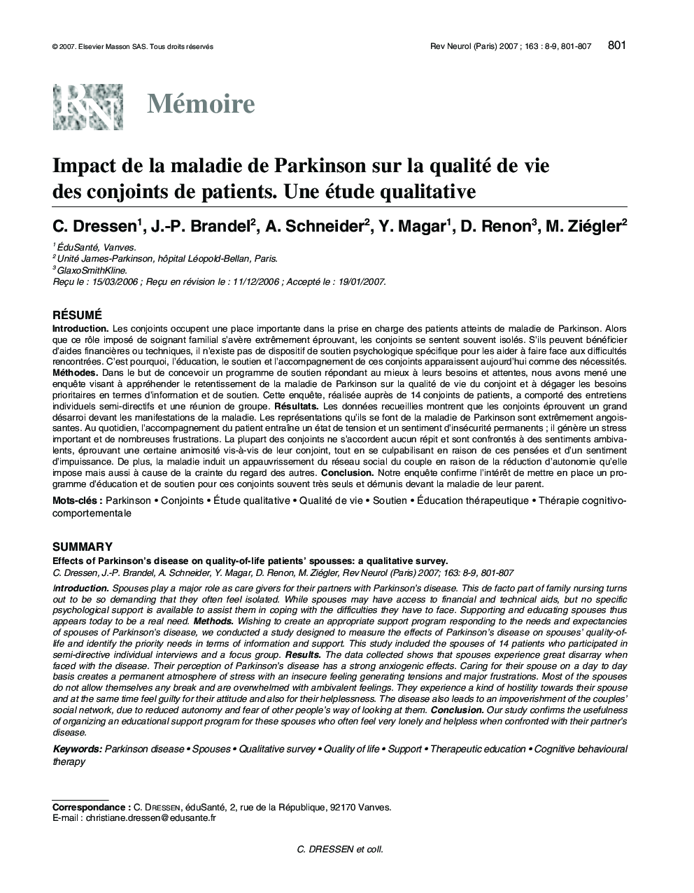 Impact de la maladie de Parkinson sur la qualité de vie des conjoints de patients. Une étude qualitative