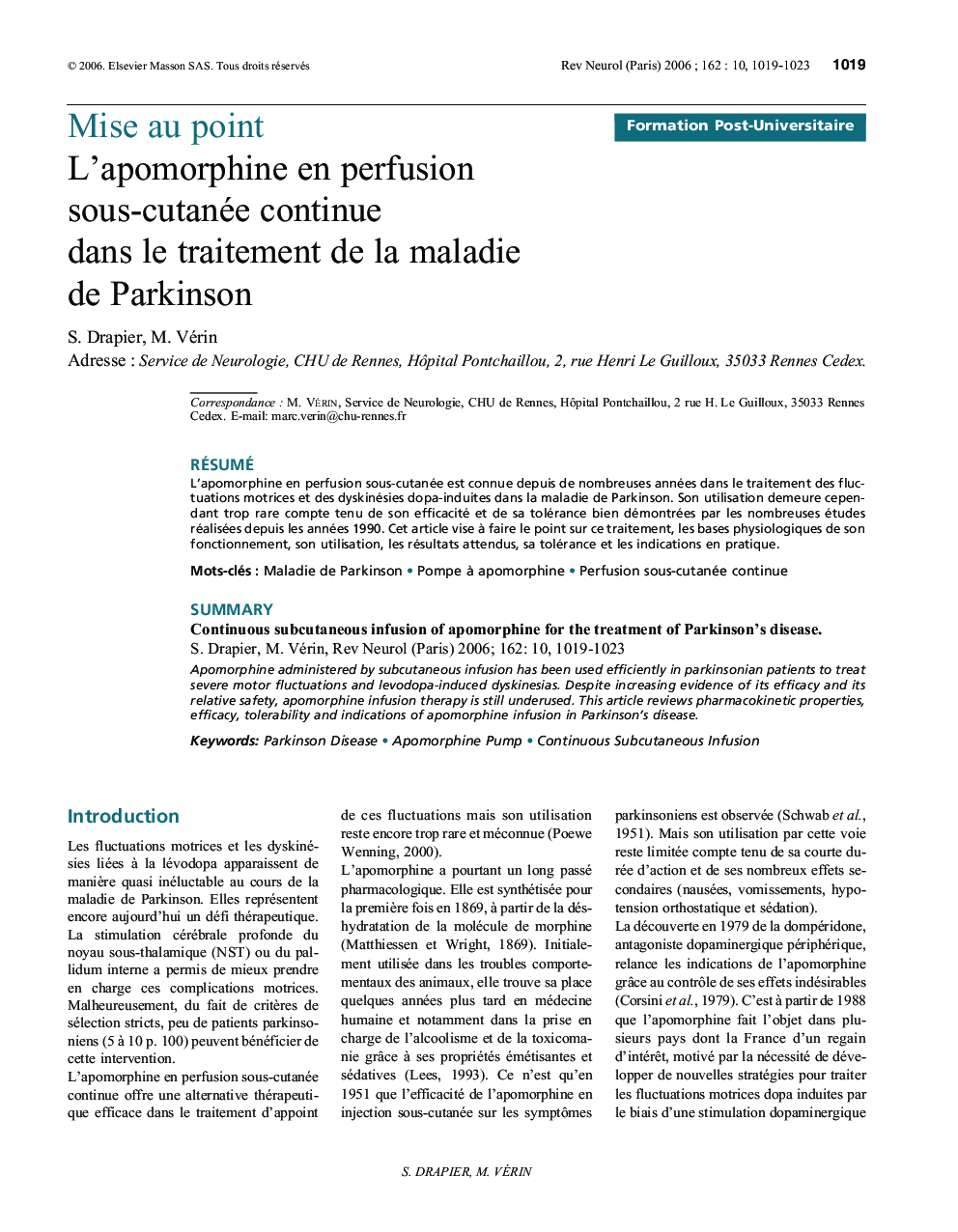 L'apomorphine en perfusion sous-cutanée continue dans le traitement de la maladie de Parkinson