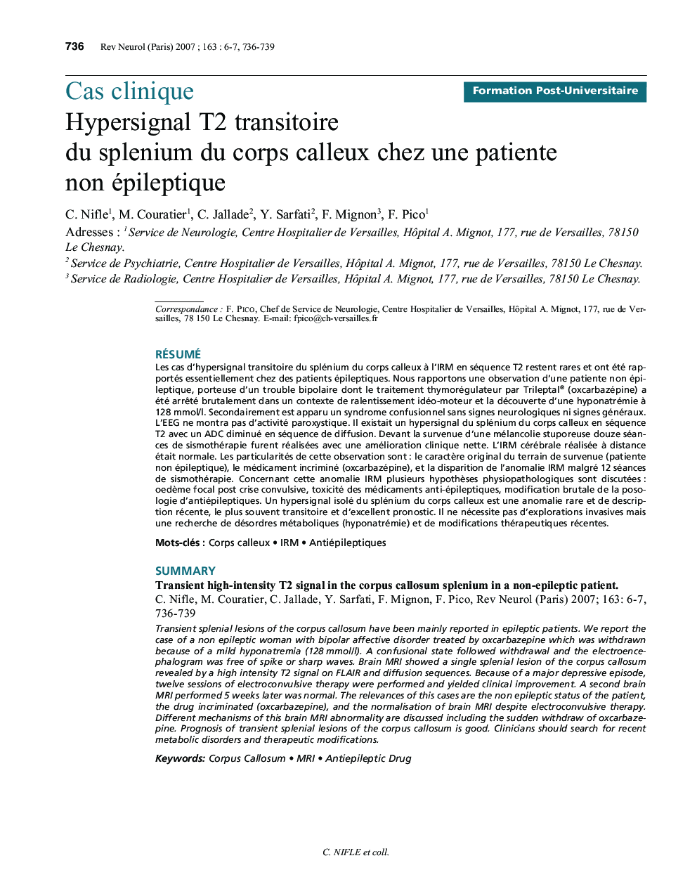 Hypersignal T2 transitoire du splenium du corps calleux chez une patiente non épileptique