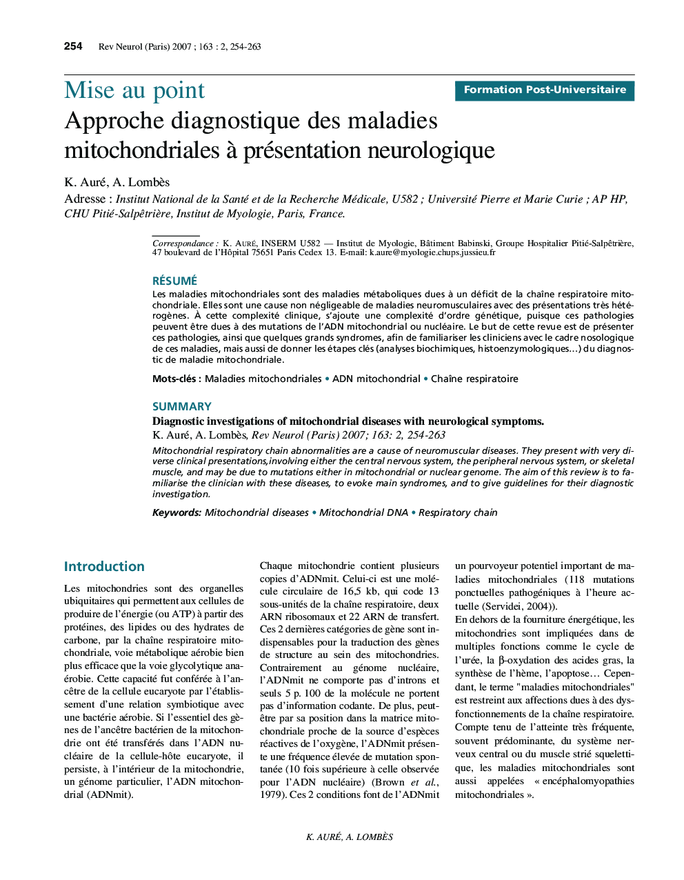 Approche diagnostique des maladies mitochondriales Ã  présentation neurologique