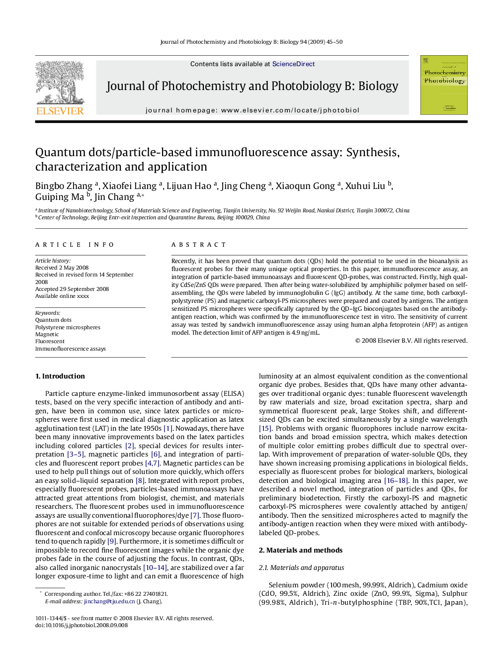 Quantum dots/particle-based immunofluorescence assay: Synthesis, characterization and application