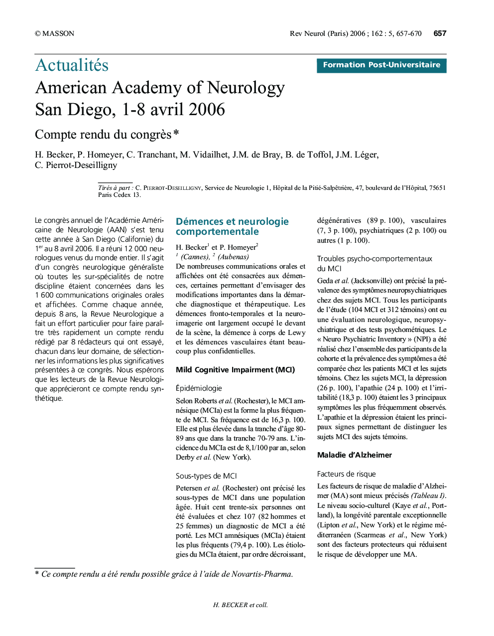 American Academy of Neurology San Diego, 1-8 avril 2006