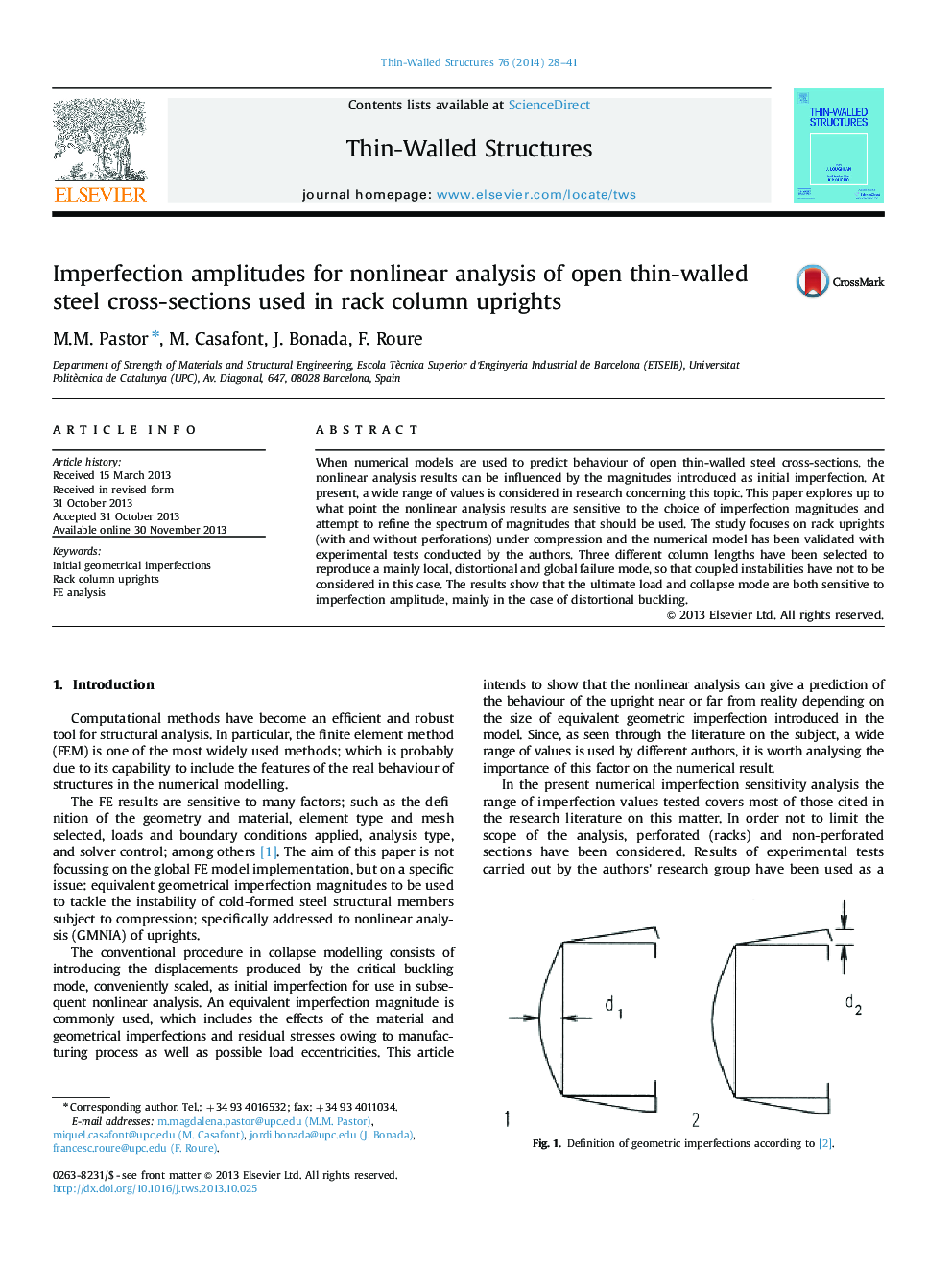 Imperfection amplitudes for nonlinear analysis of open thin-walled steel cross-sections used in rack column uprights