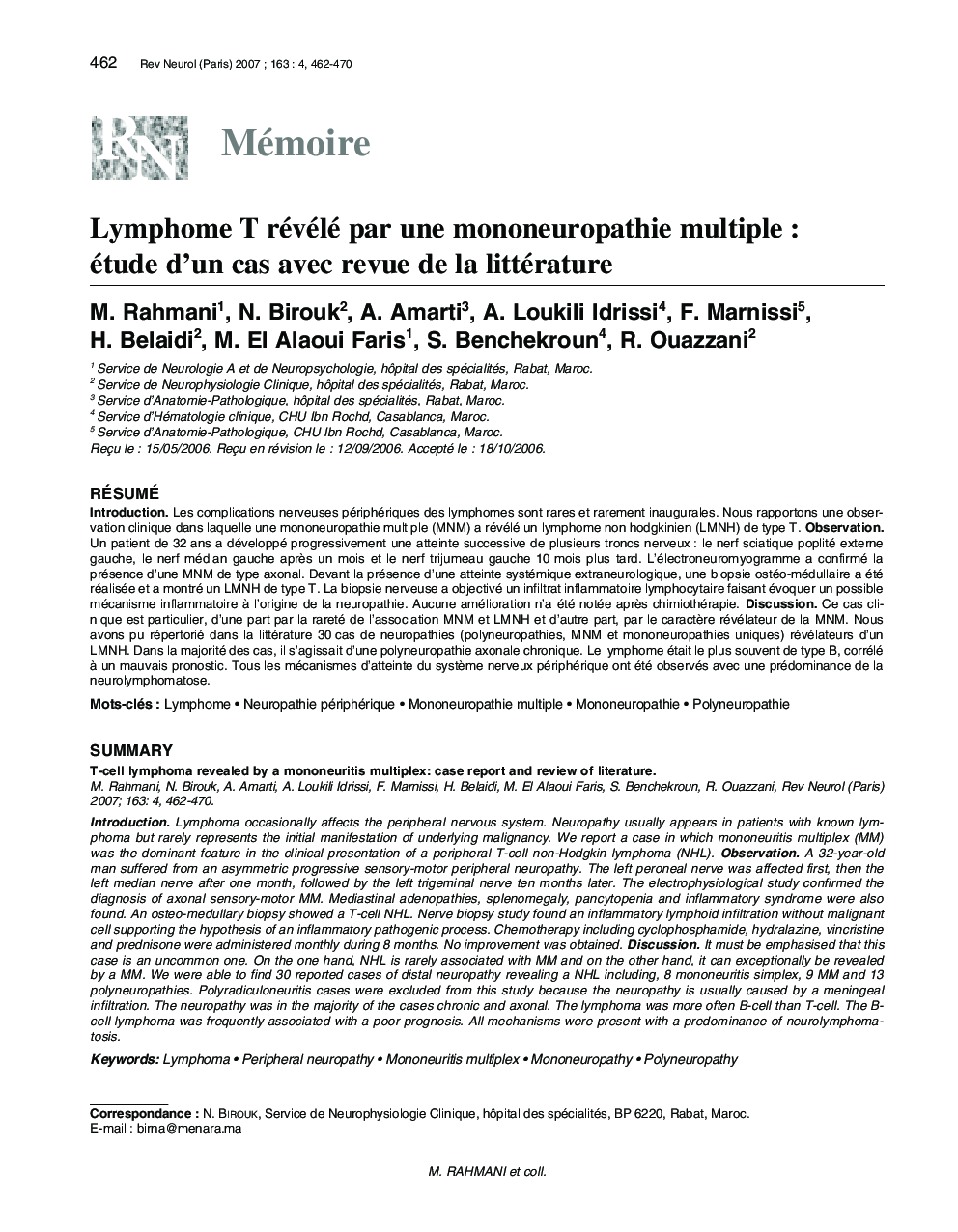 Lymphome T révélé par une mononeuropathie multiple : étude d'un cas avec revue de la littérature