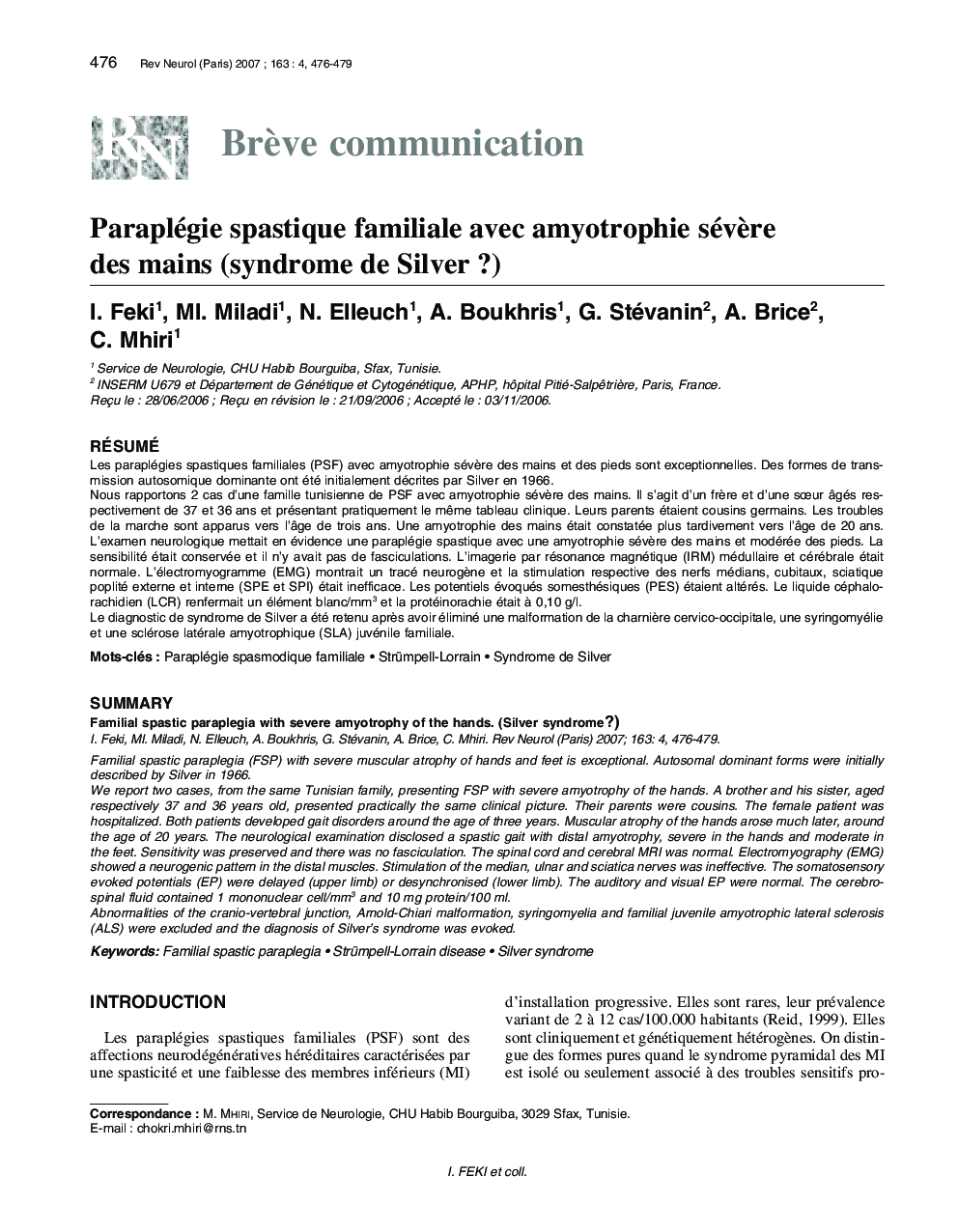 عکس صفحه اول مقاله: Paraplégie spastique familiale avec amyotrophie sévère des mains (syndrome de Silver?) Paraplégie spastique familiale avec amyotrophie sévère des mains (syndrome de Silver?)