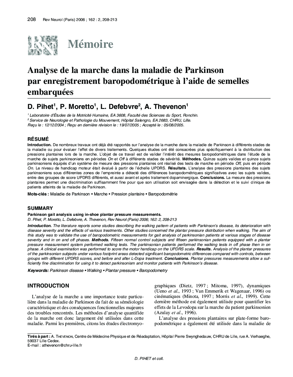 Analyse de la marche dans la maladie de Parkinson par enregistrement baropodométrique Ã  l'aide de semelles embarquées