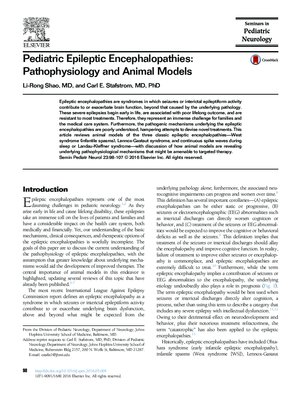 Pediatric Epileptic Encephalopathies: Pathophysiology and Animal Models