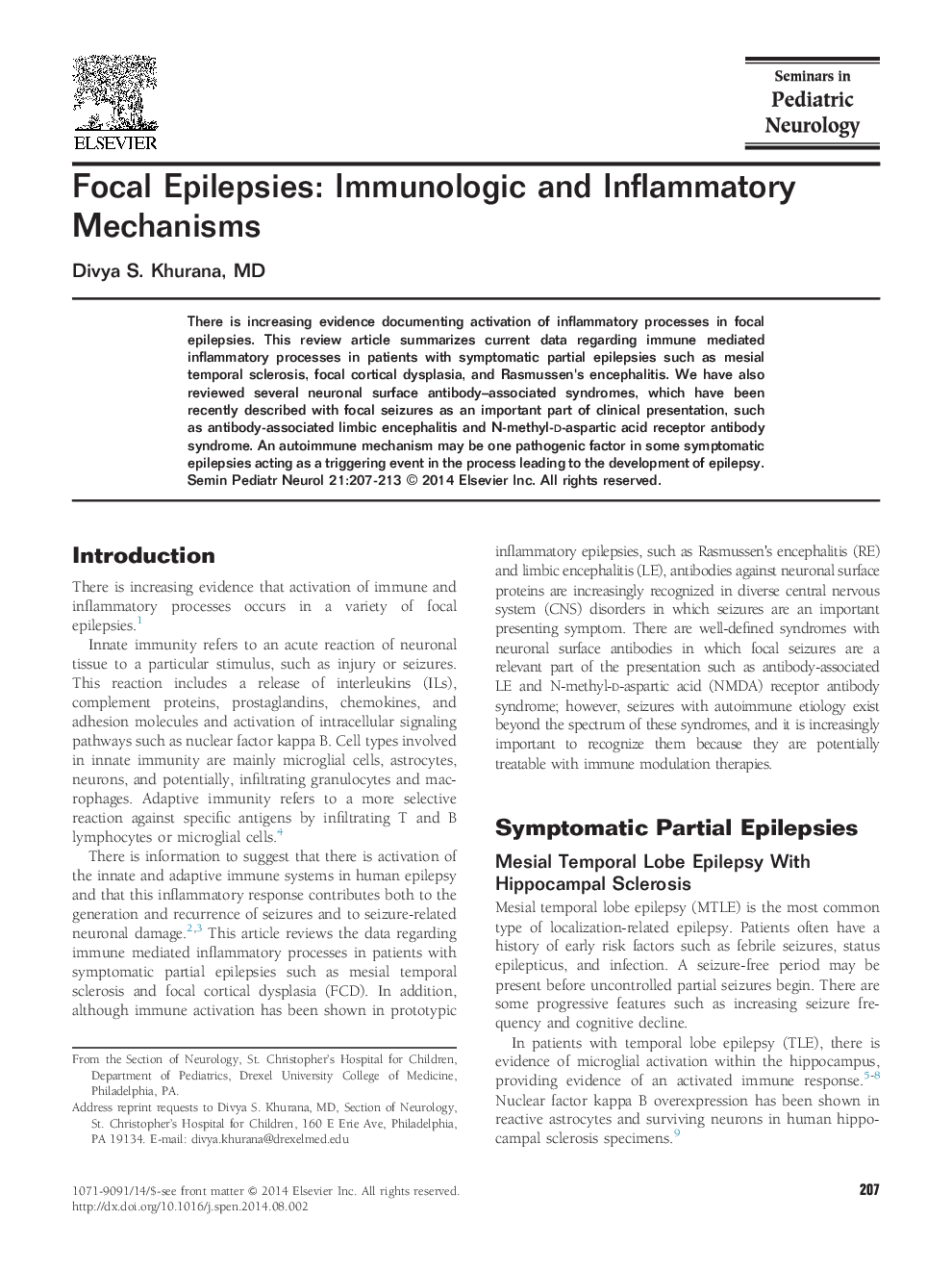 Focal Epilepsies: Immunologic and Inflammatory Mechanisms