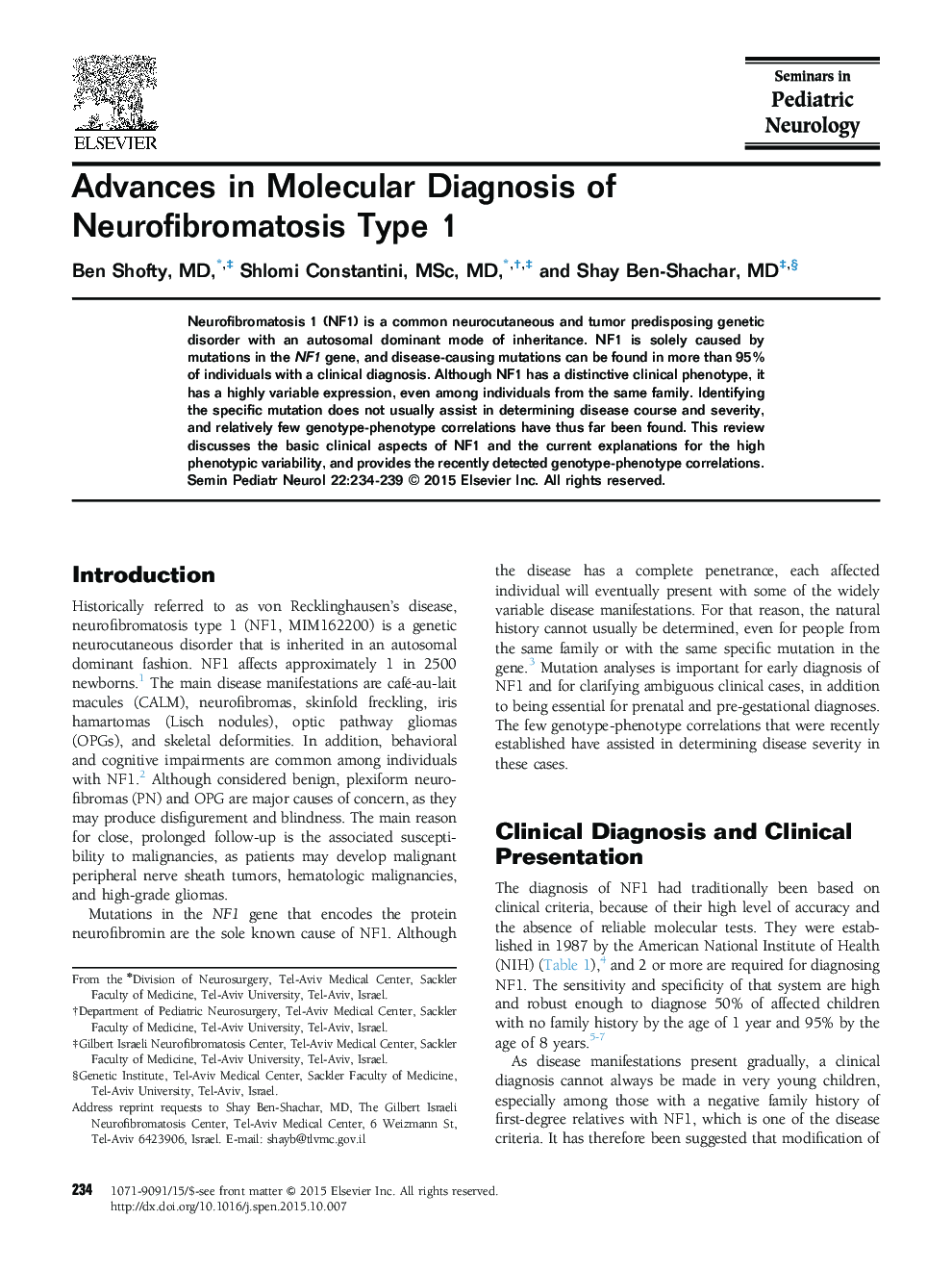 Advances in Molecular Diagnosis of Neurofibromatosis Type 1