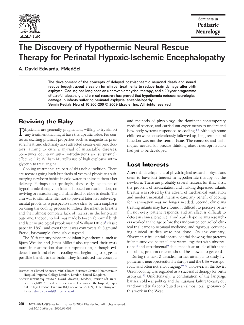 The Discovery of Hypothermic Neural Rescue Therapy for Perinatal Hypoxic-Ischemic Encephalopathy