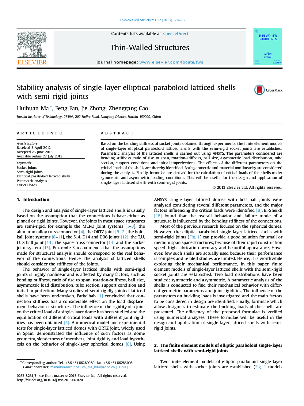 Stability analysis of single-layer elliptical paraboloid latticed shells with semi-rigid joints