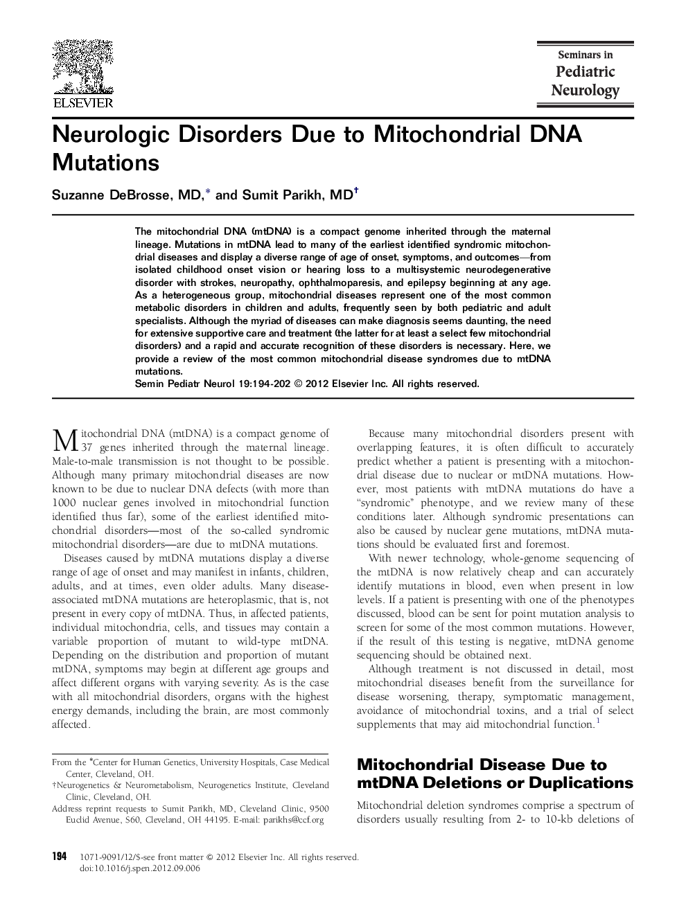 Neurologic Disorders Due to Mitochondrial DNA Mutations