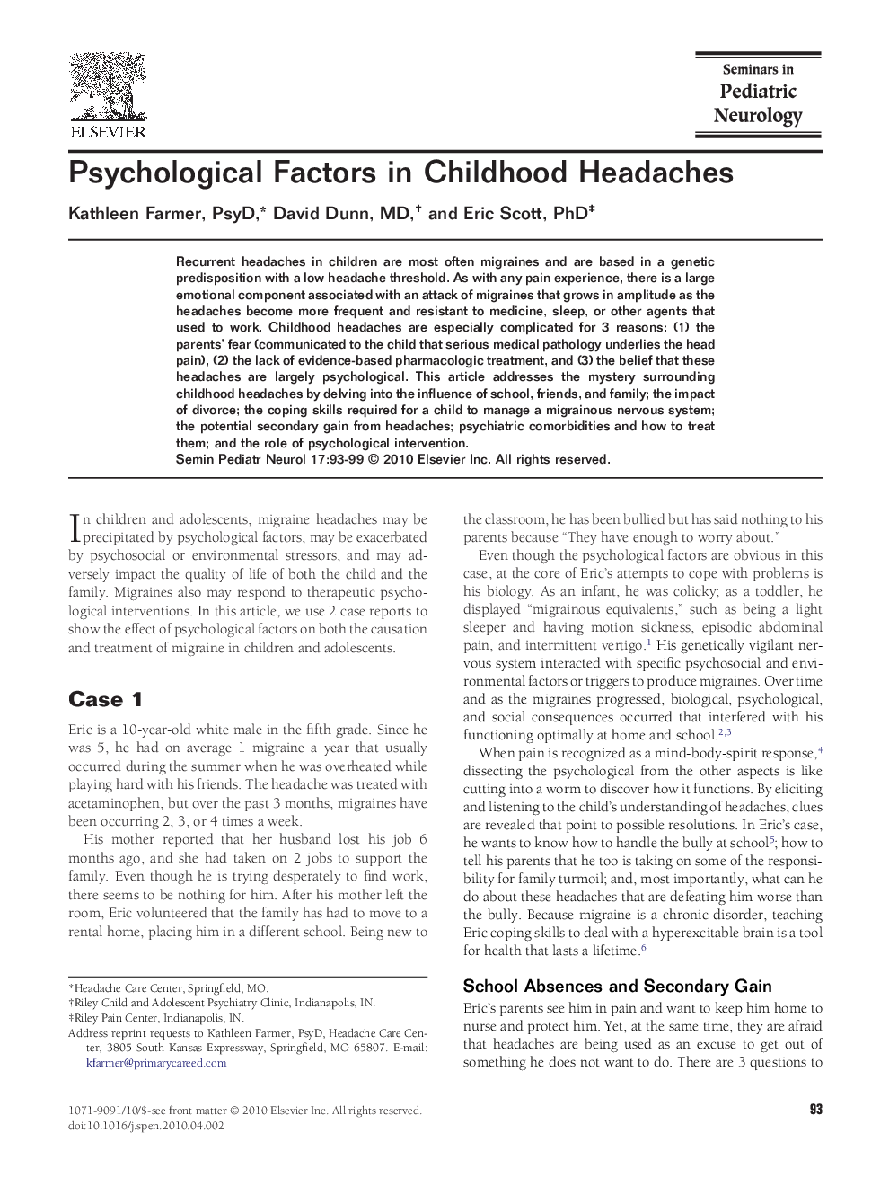 عکس صفحه اول مقاله: Psychological Factors in Childhood Headaches Psychological Factors in Childhood Headaches
