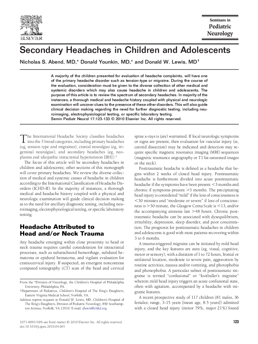 Secondary Headaches in Children and Adolescents