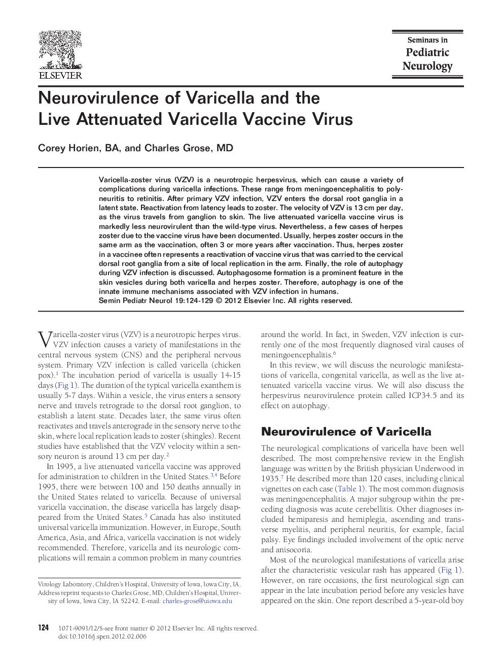 عکس صفحه اول مقاله: Neurovirulence of Varicella and the Live Attenuated Varicella Vaccine Virus Neurovirulence of Varicella and the Live Attenuated Varicella Vaccine Virus