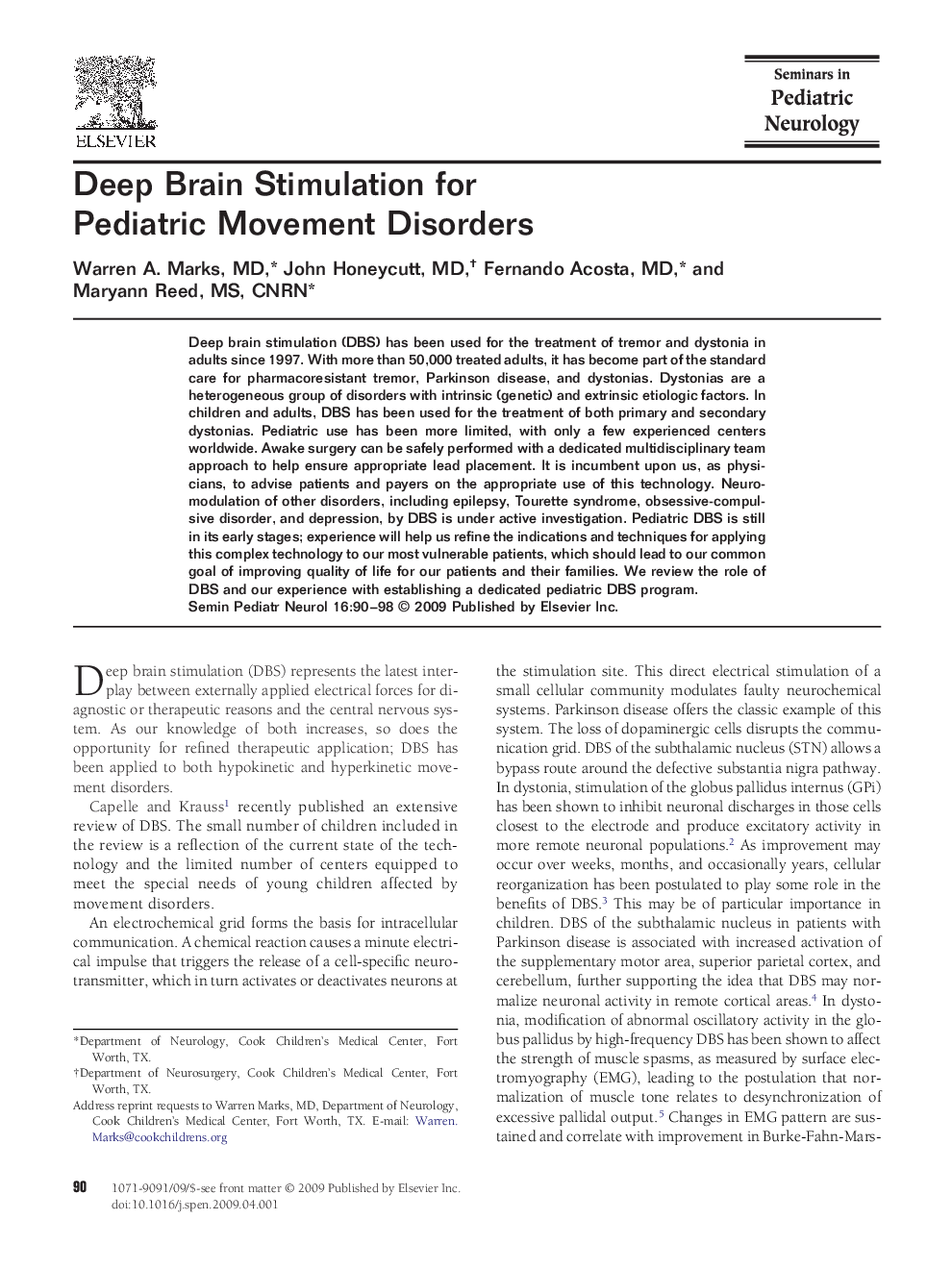 عکس صفحه اول مقاله: Deep Brain Stimulation for Pediatric Movement Disorders Deep Brain Stimulation for Pediatric Movement Disorders