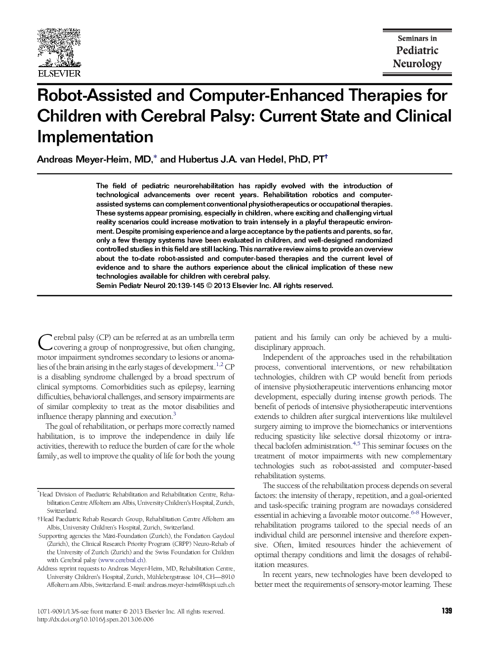Robot-Assisted and Computer-Enhanced Therapies for Children with Cerebral Palsy: Current State and Clinical Implementation 