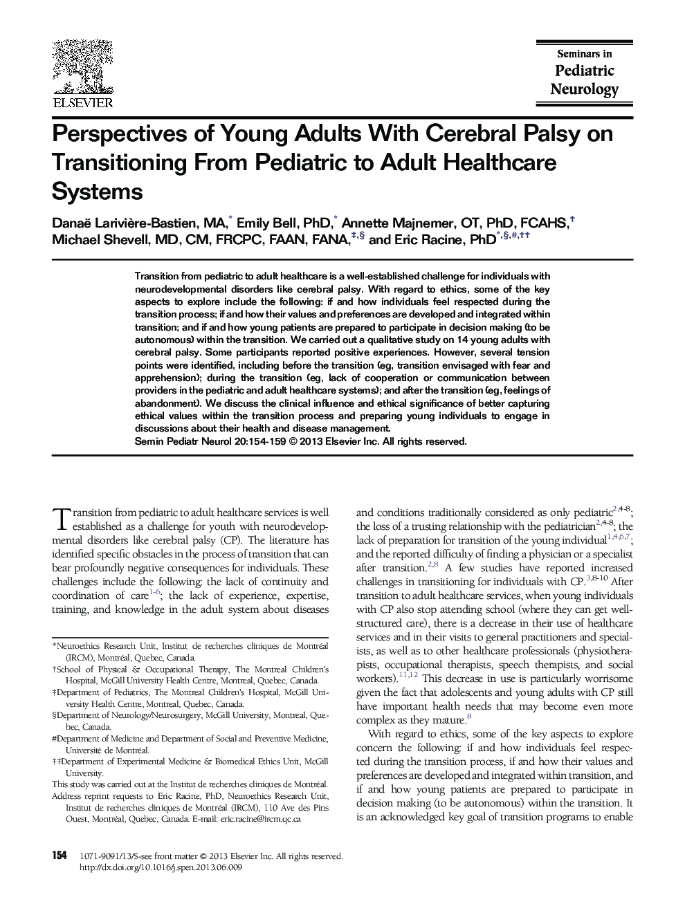 Perspectives of Young Adults With Cerebral Palsy on Transitioning From Pediatric to Adult Healthcare Systems 